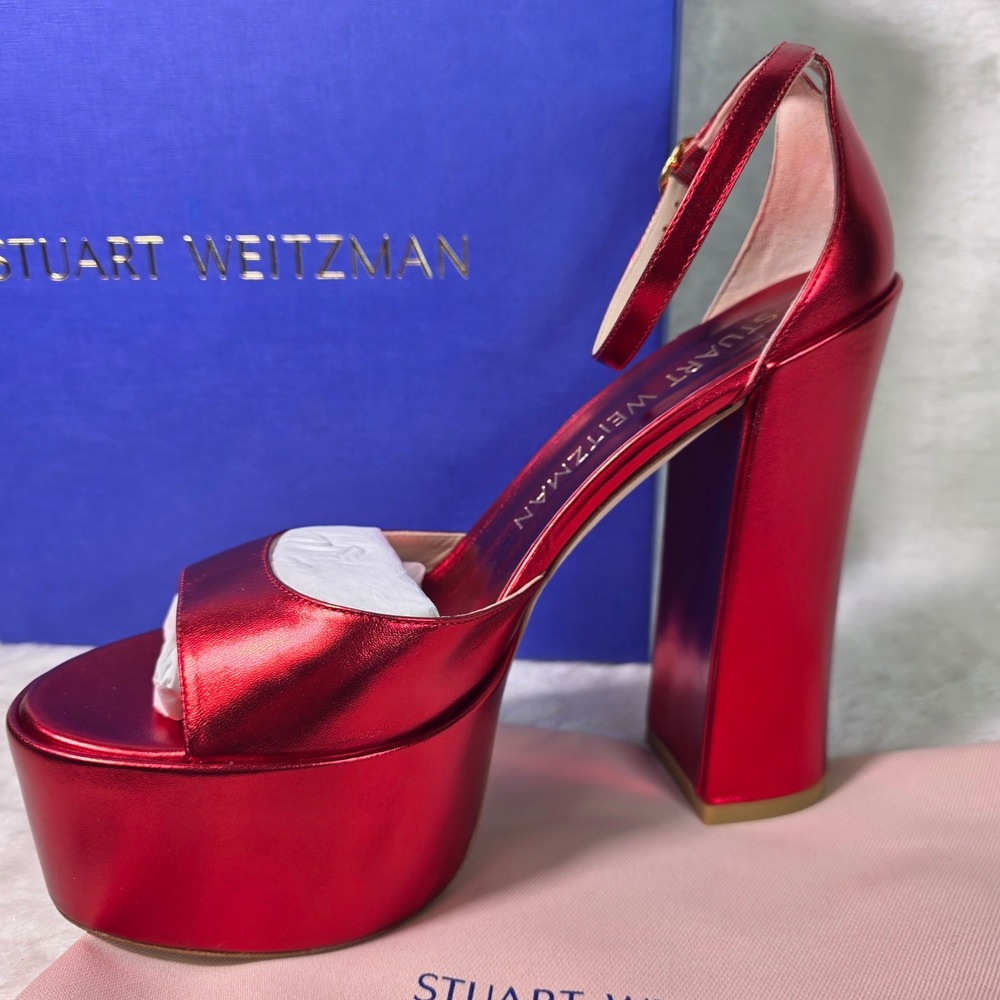 Stuart Weitzman Skyhigh 145 Platform Sandal Red Metallic Women 10 NEW